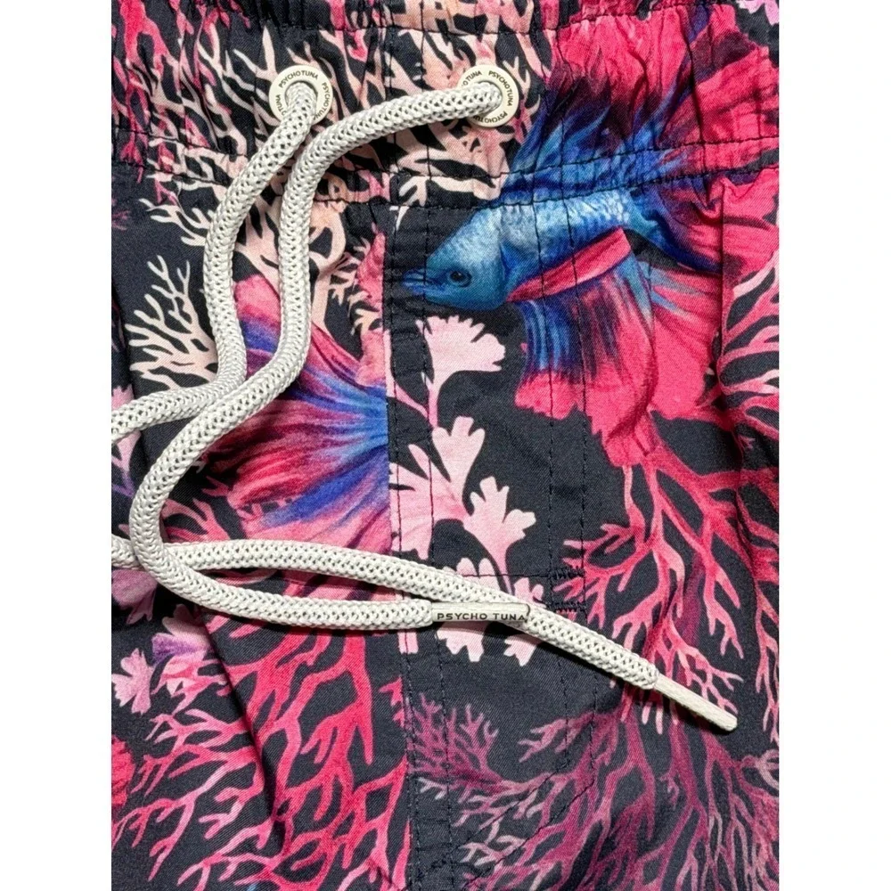 Psycho Tuna Mens Betta Fish Coral Print Swim Trunks Navy Pink Blue Size Small